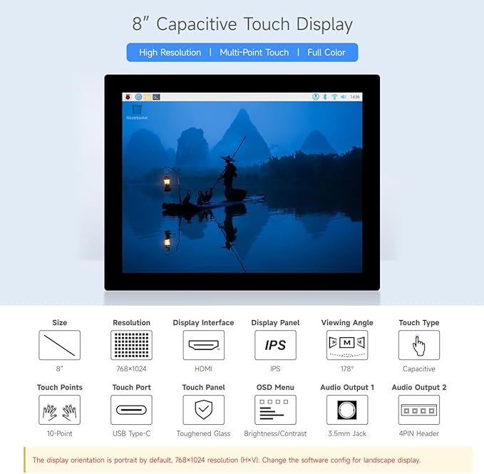 waveshare 8inch HDMI Display Monitor Compatible with Raspberry Pi 5 768×1024 IPS Panel 10-Point TouchSupports All Vversion Raspberry Pi Supports Windows/Jetson Nano