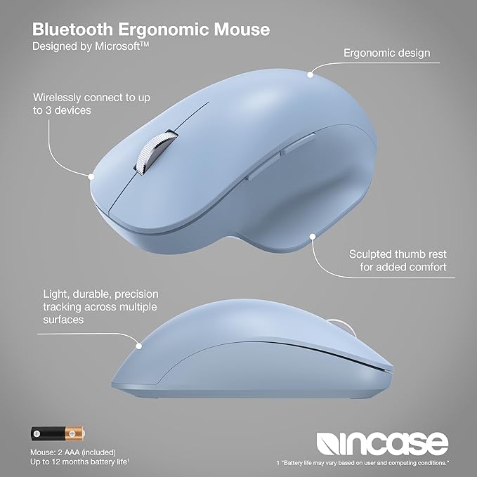 Incase Bluetooth Ergonomic Mouse – Designed by Microsoft – Two Thumb Buttons Easy to Grip Thumb Rest Precision Tracking Connects 3 Devices 15 Month Battery Life PCs/Laptops (Pastel Blue)