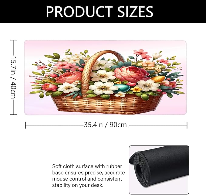 Pink White Flower Floral Large Mouse Pad Gaming Mousepad Desk Mat for Desktop Computer Keyboard Waterproof Mouse Mat Desk Pad with Non-Slip Base for Game School Office Home 35.4 x 15.7