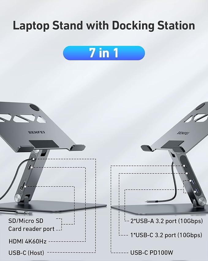 BENFEI Laptop Stand with USB C 7in1 Docking StationHDMI 4K@60Hz1*SD 1*Micro SD100W Power Delivery10Gbps 1*USB C 3.2 and 2*USB A 3.2 Compatible with MacBook Pro/Air iPad Pro XPS Thinkpad