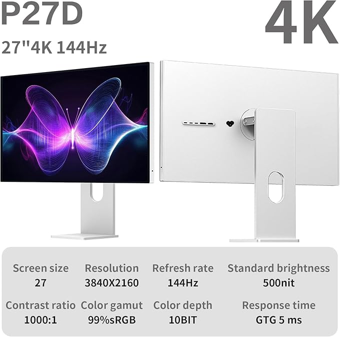 P27D 27 inch FHD (3840 x 2160) 4K 144HZ Gaming Monitor IPS Black Panel 1.07 Billion Colors 99% sRGB 5msHDR10G-Sync FreeSyncHDMIDPVESA178° Viewing Angle (Minimalist - with Stand)