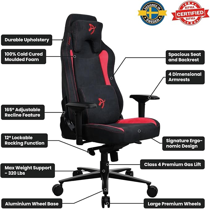 Arozzi Vernazza Gaming Chair - Super Soft Gaming Chairs for Adults Adjustable Height Large Spacious Seat &amp Backrest with Support Pillows - Swedish Design Home Office Computer Chairs Red