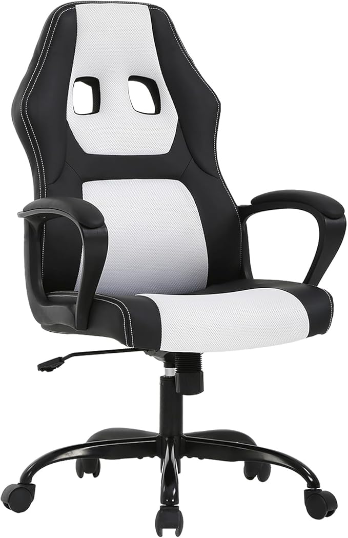 Gaming Chair PU Leather Chairs Ergonomic Office Chair Executive Computer Chairs High Back Computer Task with Lumbar Support Adjustable Height White