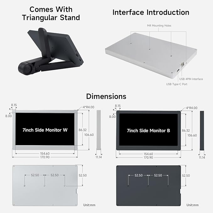 Waveshare 7inch IPS Side Monitor Extended Monitor Windows 7/8/10/11 1024x600 IPS Display Panel Supports Horizontal and Vertical Flip Up to 170° Viewing Angle USB One-Cable Connection Silver