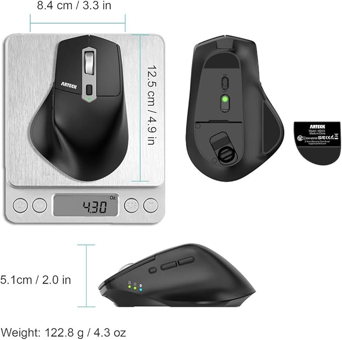 Arteck Multi-Device Wireless Bluetooth Mouse with Nano USB-A USB-C Receiver Ergonomic Right Hand Silent Clicking Rechargeable Mouse for Computer Desktop PC Laptop Mac iPad and Windows 11/10 iPad OS