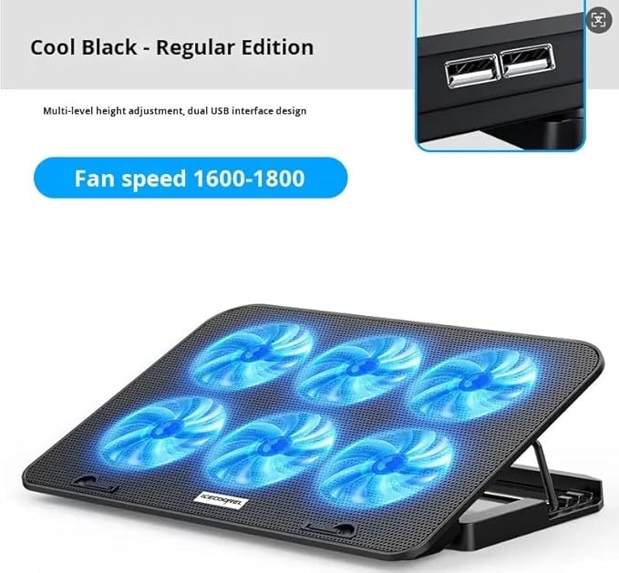 Metal Ice Cooler Silent Exhaust Portable Laptop Cooling Stand with 6 Cooling Fans Cooling Pad for Laptop Fan 15.6 Inch with Height Adjustable Notebook Cooler Pad with Two USB Port