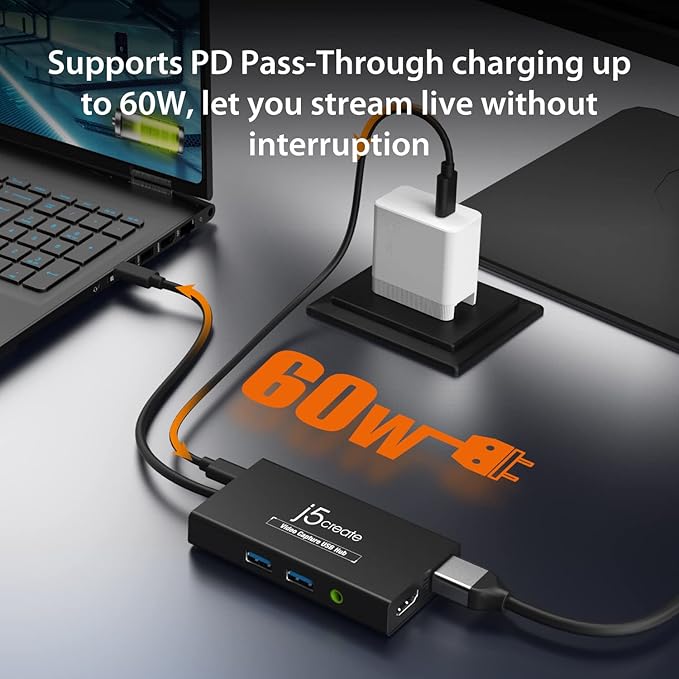 j5create Video Capture Card with PD 60W Pass-Through Charging Built-in Multi-Function hub Suitable for Streaming Live Broadcasting Video Conference Teaching Gaming (JVA01)
