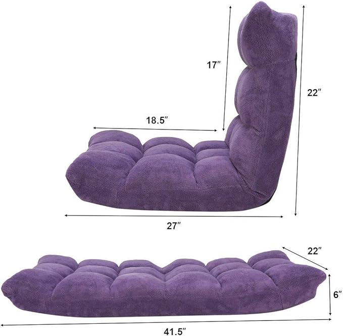 Purple Adjustable 14-Position Folding Floor Chair Gaming Lazy Sofa Chair Cushioned New