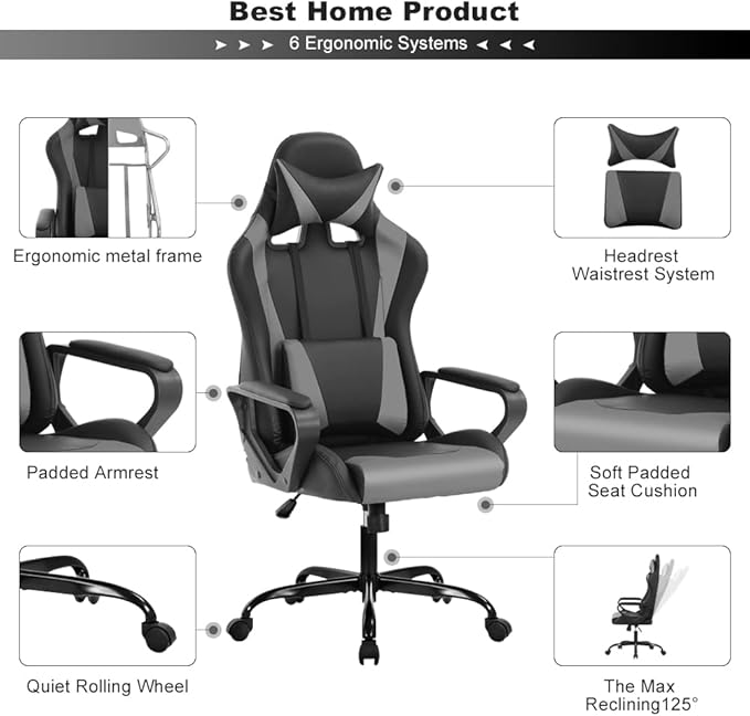 High Back Gaming Chair PC Computer Chair Office Chair for Adult Teen Kids Ergonomic PU Leather Game Chair w/Lumbar Support Headrest Adjustable Rolling Swivel Desk Chair Grey