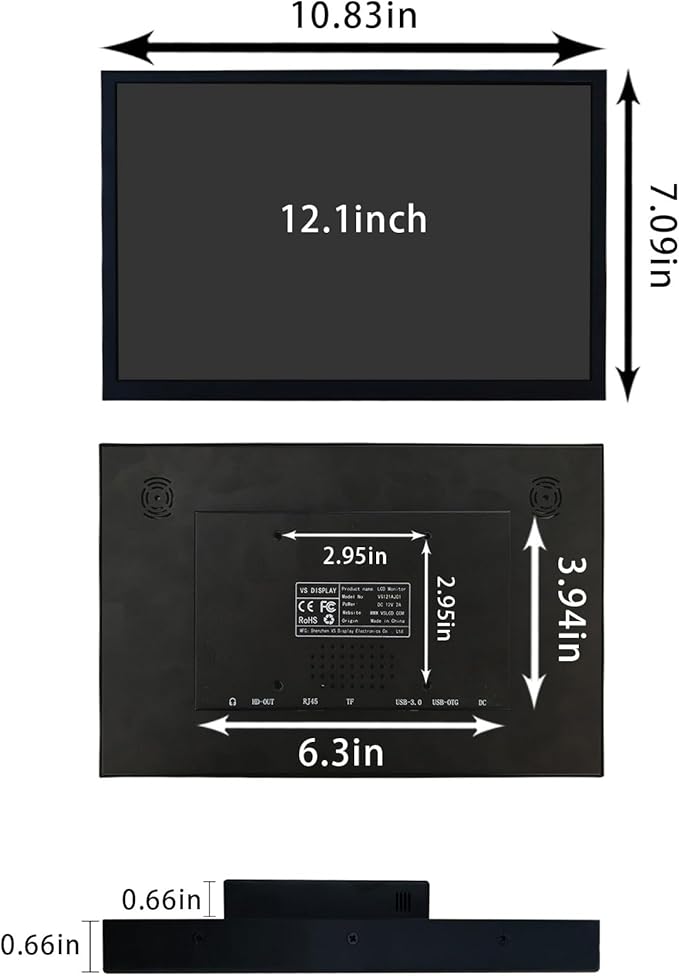 VSDISPLAY 12.1 Inch Touchscreen Display 1920x1200 High Resolution an-Droid 11 IPS LCD Monitor Supports USB Auto Copy Autoplay