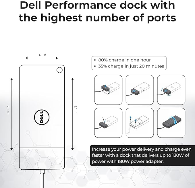 Dell WD19S Docking Station Dual Monitor Bundle - 180W Supports 4K Display Dell Dock with 180W Power Supply + Anyhdd 4K HDMI Cable + 4K DisplayPort Cable + USB-C Cable + Microfiber Cloth Included