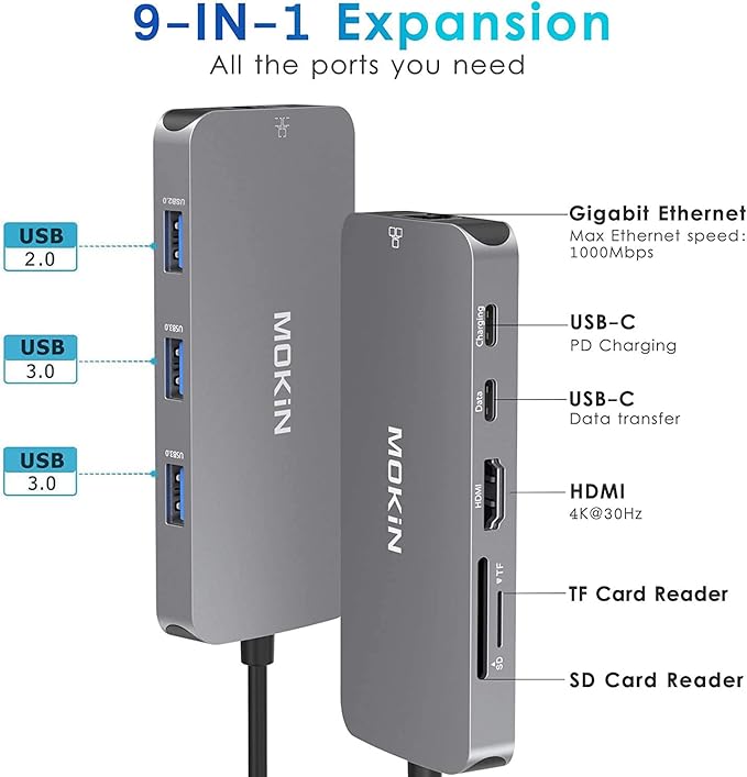 USB C Adapters for MacBook Pro/AirMac Dongle with 3 USB PortUSB C to HDMI USB C to RJ45 EthernetMOKiN 9 in 1 USB C to HDMI Adapter100W Pd Charging USB C to SD/TF Card Reader USB C Hub