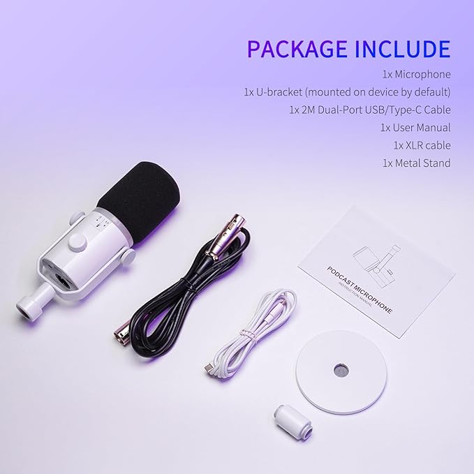 FEELWORLD PM1 XLR USB Dynamic Microphone with Desktop Stand Gifts for Podcast Recording PC Computer Gaming Streaming Vocal Voice-Over Studio Metal Mic RGB Light Mute Button Headphones Jack (White)