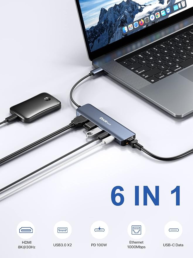 Dockteck USB-C 6 in 1 Multiport Adapter - 8K HDMI 2 USB-A 5 Gbps 100W PD 1Gbps Ethernet for MacBook Pro Air HP XPS and More