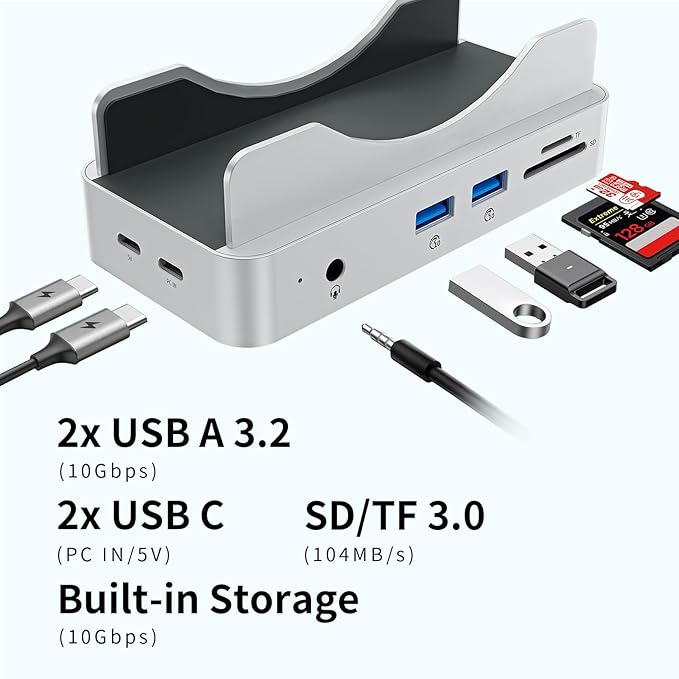 PHIXERO PSE Dock Stand for Mac mini M4 with 1TB NVMe SSD 6-in-1 Aluminum Hub 10Gbps USB-A SD/TF Reader Stand Docking Station for Mac mini M4/M4 Pro