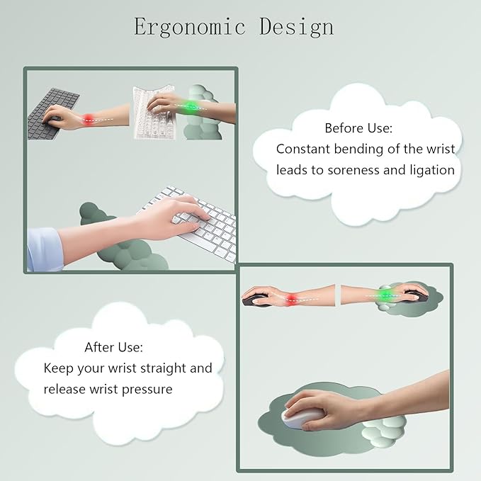Cloud Keyboard Wrist Rest Dark Green Mouse Pad with Wrist Rest Ergonomic Wrist Pad Memory Foam Non-Slip Wrist Support for Computer Laptop Gaming Home Office Relief Typing Pain Green