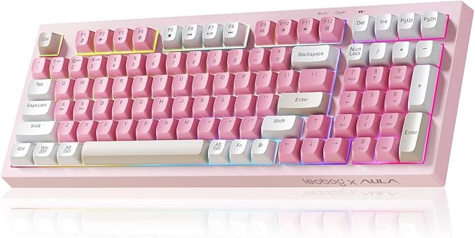 LEOBOG x Aula Gaming Keyboard Wireless Creamy Keyboard Bluetooth Computer Keyboards Ergonomic Pink Keyboard Full Size with Number Pad Light Up RGB Backlit Tri-Mode BT/2.4GHz/USB-C - K99