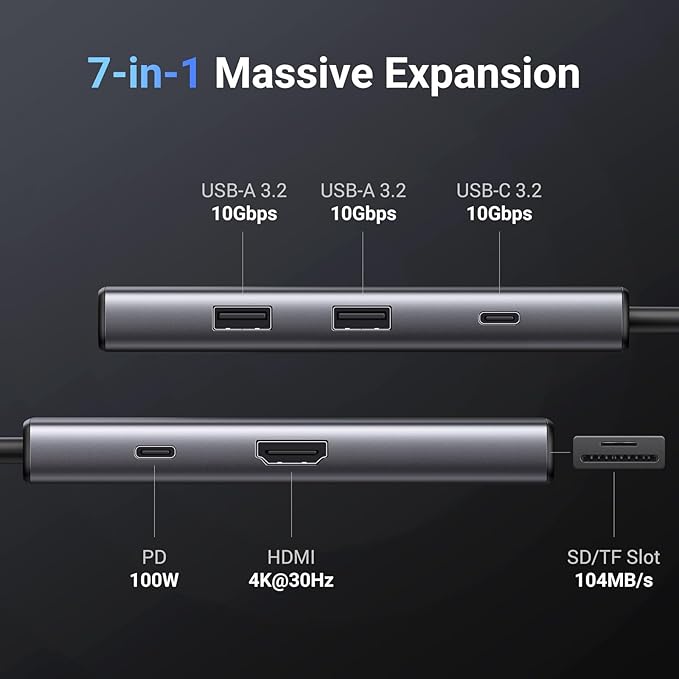 UGREEN Revodok Pro 107 USB-C Hub 7 in 1 10Gbps USB C 3.2 &amp 2 USB-A 3.2 4K HDMI 100W Power Delivery SD/TF Card Reader for MacBook Pro/Air iPad Pro iPhone 15 Pro/Pro Max Thinkpad and More.