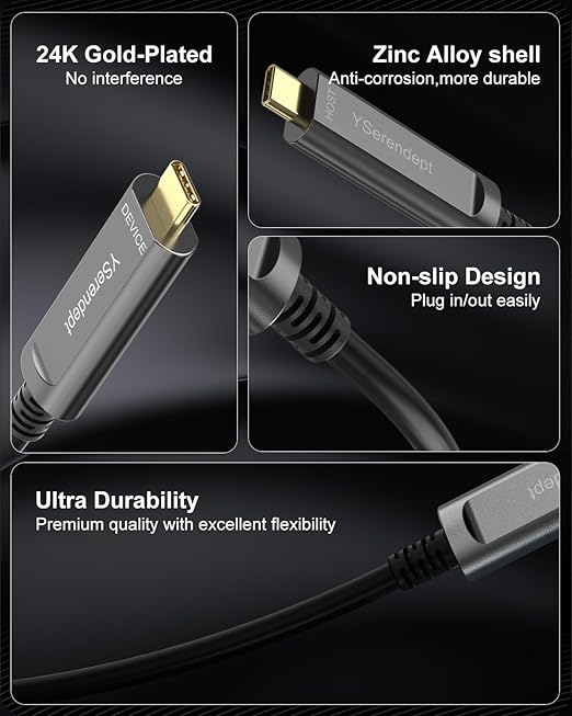 USB C Cable 65ft Fiber Optic10Gbps High Speed Data TransferCompatible with Logitech CamerasVR/ARHDDsProjectorsHubsGaming ConsolesWebcamsPrinterGrey