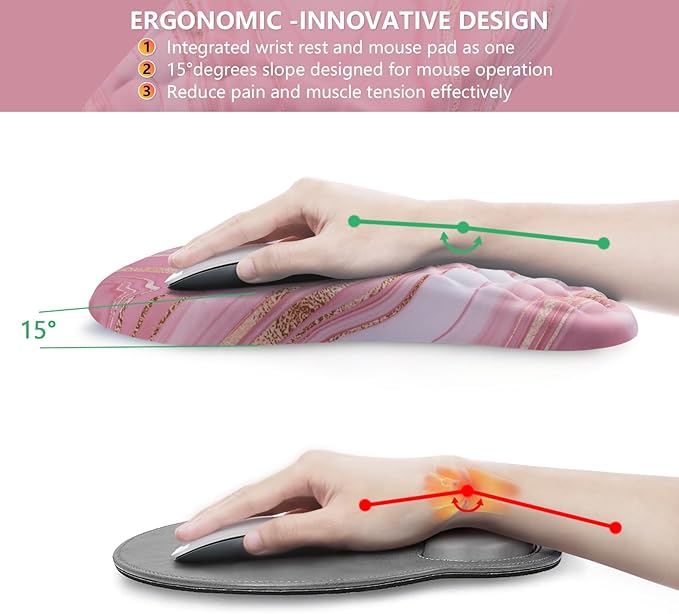 Mouse Pad Wrist Support Ergonomic Mouse Pad with Wrist Rest Comfortable Computer Mouse Pad for Laptop Pain Relief Mousepad with Non-Slip PU Base Pink