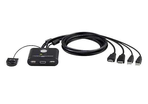 ATEN CS22HF 2-Port USB FHD HDMI KVM Switch Full HD 1080p 2 Computers 1 Monitor USB Peripherals Easy Hook Design Push-Button Remote Plug-and-Play Multi-Platform (Windows/Mac/Linux)