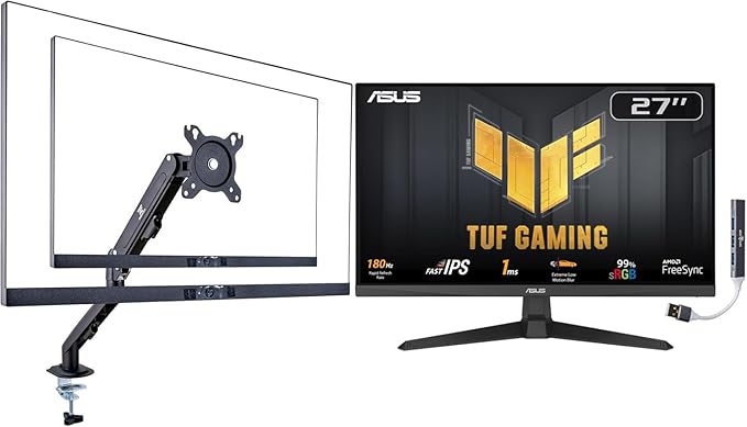 ASUS TUF Gaming 27 FHD IPS Monitor with 1ms Response Time 180Hz Refresh Rate Anti Glare Flicker Free VESA Mount (100mm) Displayport HDMI Black Color w/DKZ Hub &amp ErgoFlexy Single Mount Arm