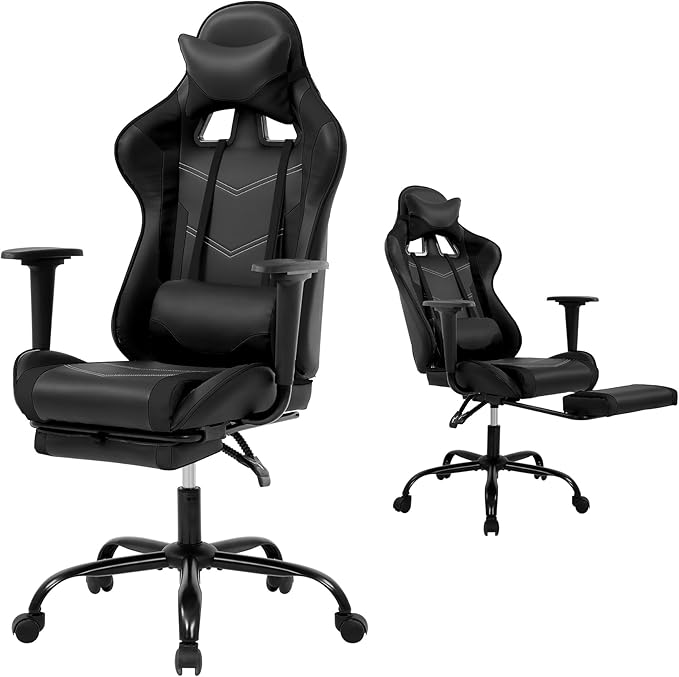 Gaming Chair with Footrest Reclining Video Game Chairs for Adults with Lumbar Support Headrest High-Back Home Office Computer Desk Chair PU Black-Black