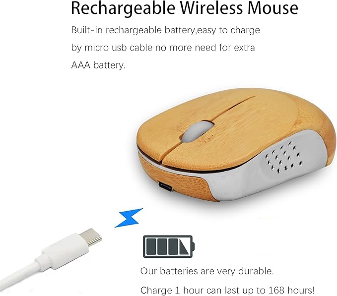 Icemouse Wireless Bamboo Mouse – Rechargeable Silent Optical Mouse 4 DPI USB Receiver Eco-Friendly for Laptop &amp PC