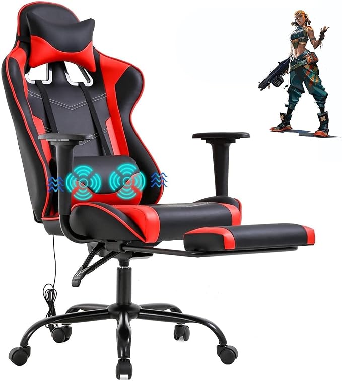Red PC Gaming Chair Ergonomic Racing Office Chair Video Game Chair Massage Lumbar Support with Arms Footrest &amp Headrest Nice Chic Desk Chair Adjustable Best Home Office Chair