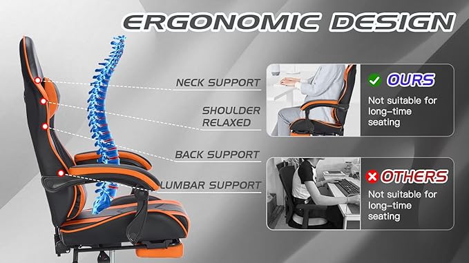 Gaming Chair with Massage and Footrest Ergonomic High Back PC Racing Chair 300LBS Capacity with Adjustable Lumbar Support &amp Headrest for Office and Desk (Model C Orange+Black)
