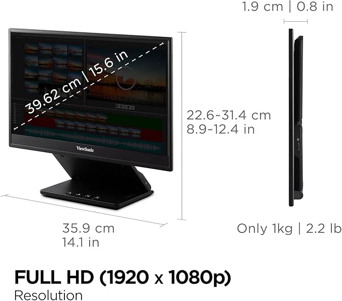 ViewSonic VP16-OLED 15.6 Portable 1080p OLED Monitor with 60W USB-C and mini-HDMI and Ergonomic Stand(Renewed)