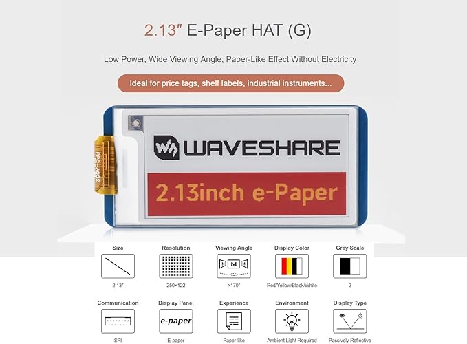 waveshare 2.13inch E-Ink HAT Black White Red Yellow 4-Color E-Paper Display for Arduino/Raspberry Pi/Jetson Nano/STM32 250x122 Pixels Resolution SPI Communication Compatible with 3.3V / 5V MCUs