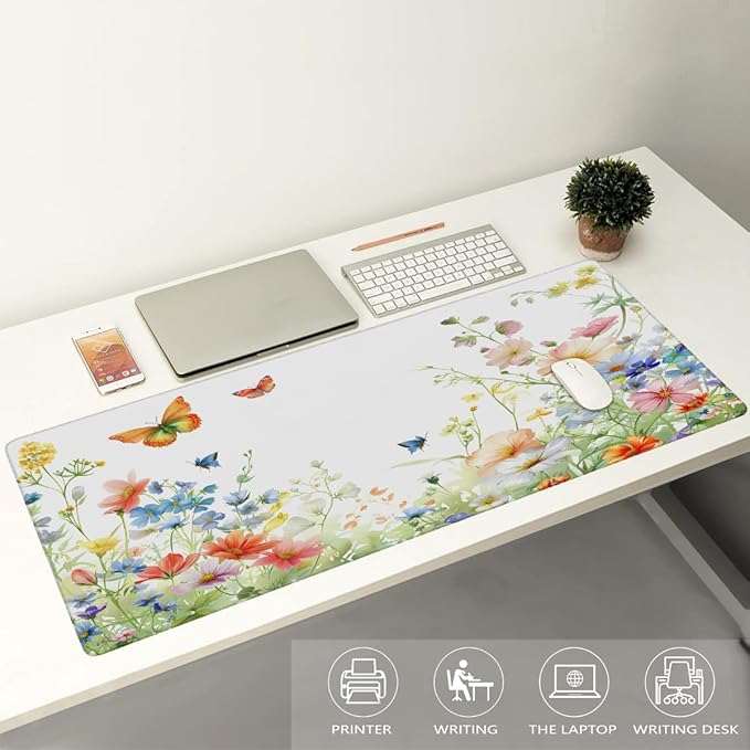 Color Flower Butterfly Leaf Large Mouse Pad Gaming Mousepad Desk Mat for Desktop Computer Keyboard Waterproof Mouse Mat Desk Pad with Non-Slip Base for Game School Office Home 35.4 x 15.7