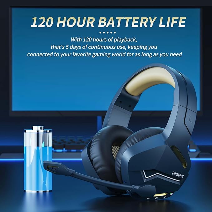 BINNUNE 2.4GHz Wireless Gaming Headset Bluetooth 5.3 Gaming Headphones with Noise Canceling Mic 120H Ultra-Long Battery 50mm Drivers Multi-Platform for PC / PS5 /PS4/ Switch/Mobile Gold