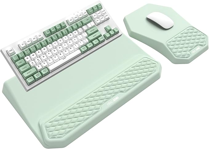 3-in-1 Ergonomic Keyboard Stand with Wrist Rest &amp Mouse Pad Set Comfy Keyboard Riser Holder Soft Mousepad with Massage Design Memory Foam and Non-Slip PU Base for Pain Relief Light Green