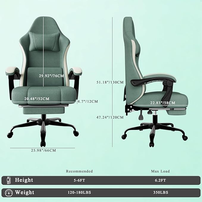 Gaming Chair High Back Fabric Computer Chair with Pocketed Spring Cushion and Footrest Height Adjustable Game Chair with Headrest and Lumbar Support (Beige &amp Blue)