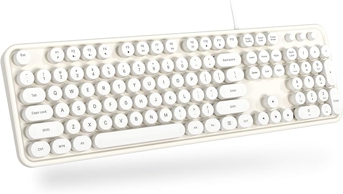 Computer Keyboard Wired Plug Play USB Retro Round Typewriter Keyboard Full Size Wired Keyboard with Foldable Stands for Laptop and Office PC