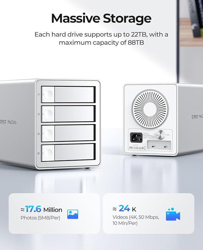 ORICO 4-Bay Hard Drive Enclosure USB 3.2 Gen 2 Aluminum DAS Enclosure USB-C Expansion Max Up to 264TB 3.5-Inch HDD 150W Power Supply - 9948C3