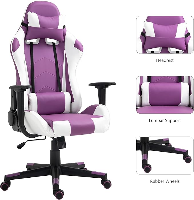 Modern-Depo Gaming Chair with Headrest and Lumbar Support Height Adjustable Swivel Office Chair High-Back Recliner Purple White