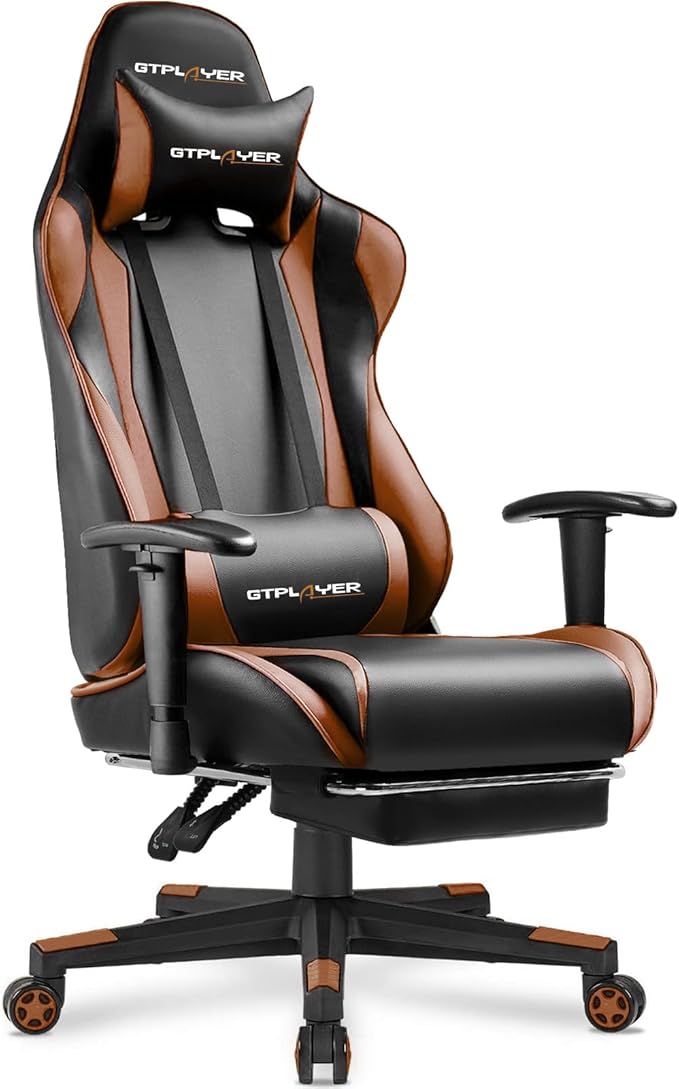 GTPLAYER Gaming Chair with Footrest Ergonomic Computer Game Desk Chair Reclining Gaming Chair Seat Height Adjustment Swivel Rocker with Headrest and Lumbar (Brown)