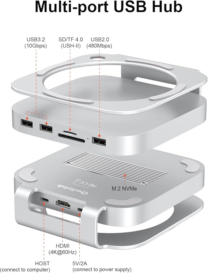 Qwiizlab Aluminum Stand Hub with SSD Enclosure Docking Station for Mac mini M4/M4 Pro 2 USB-A 10Gbps TF/SD 4.0 Card Readers 312MB/s HDMI 4K 60Hz USB-A 2.0 Fits M.2 NVMe SSD up to 8TB (Silver)