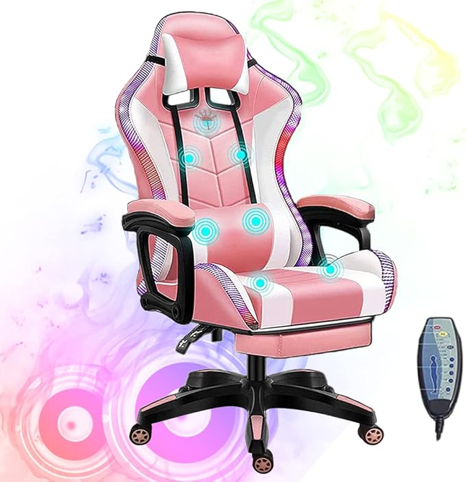 Gaming Chairs with Footrest and Bluetooth Speakers Video Game Chair with LED Lights PU Leather High Back Ergonomic Racing Office Computer Chairs with Lumbar SupportPink