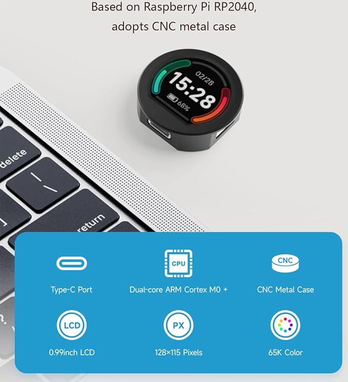 RP2040 MCU Microcontroller Development Board with 0.99inch Round LCD 128×115 Pixels IPS LCD Display Accelerometer and Gyroscope Sensor Type-C Interface Adopts CNC Metal Case