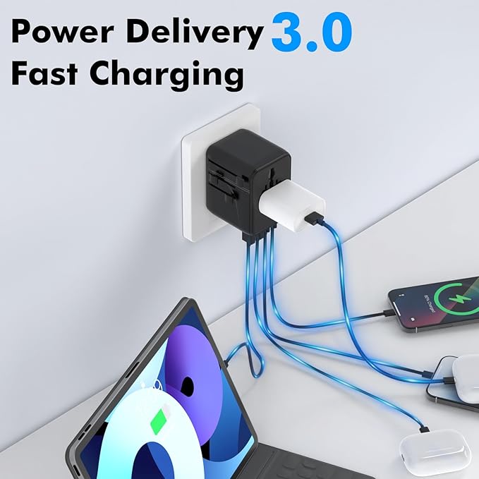 7 in 1 Travel Adapter Worldwide w/GaN 45W 2 USB-A (15W) 3 USB-C (45W) 2 AC Outlets Safety Certified International Plug Adapter for Universal Laptop Phone Camera for US EU UK AU
