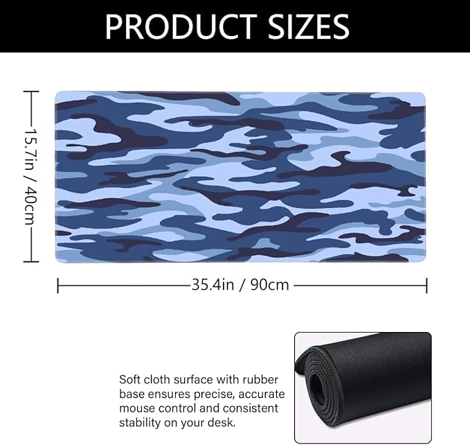 Blue Army Camo Camouflage Large Mouse Pad Gaming Mousepad Desk Mat for Desktop Computer Keyboard Waterproof Mouse Mat Desk Pad with Non-Slip Base for Game School Office Home 35.4 x 15.7