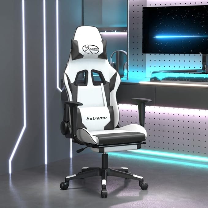 Massage Gaming Chair with Footrest White&ampBlack Faux Leather (Weight: 36.6 lbs)