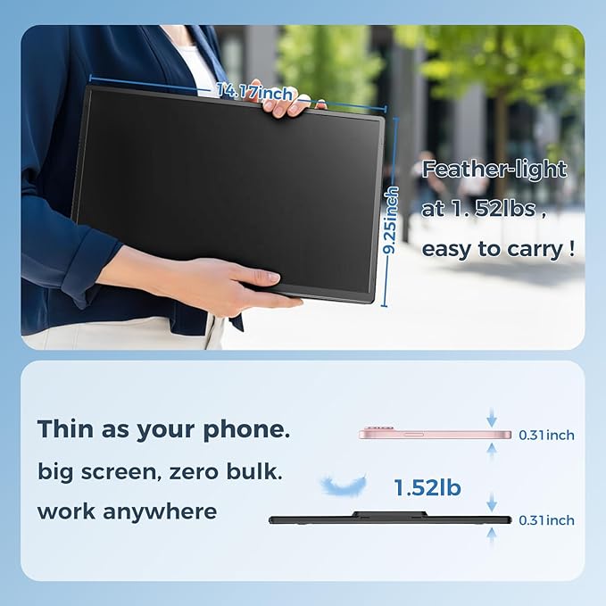 Laptop Screen Extender 16.1 1200P FHD Portable Monitor 360° Rotating Detachable Stand Height Adjustable Monitor Extender for Laptop 13-17.5 Plug-Play for Tablet PC Phone etc