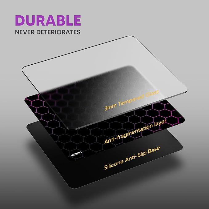 Vetroo GMP300 Tempered Glass Gaming Mouse Pad Micro-Etched 3mm Tempered Glass with Silicone Anti-Slip Base Multi-Layer Curing Smooth Operation for Esport &amp Work (Black)