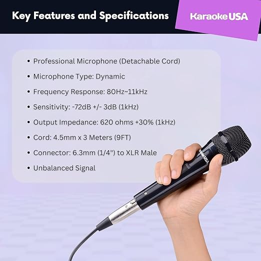 Karaoke USA OM189 Professional Dynamic Karaoke Microphone | Durable Detachable Corded Mic with 6.3mm (1/4) to XLR Plug | Clear Balanced Sound for Karaoke Machines PA Systems &amp Events