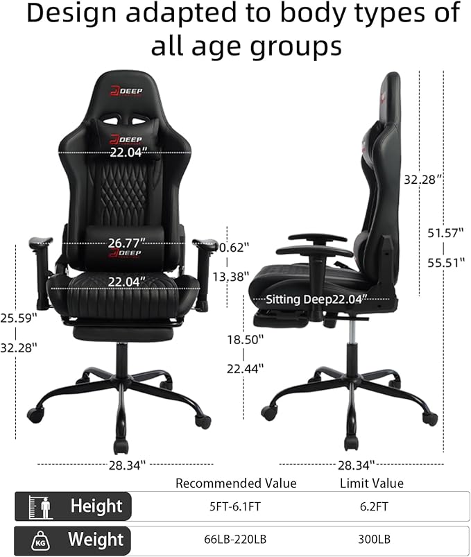 Video Game Chair with Footrest Ergonomic Gaming Chair Comfortable Office Chair Height-Adjustable 360° Swivel Base and Headrest(1002-Black)